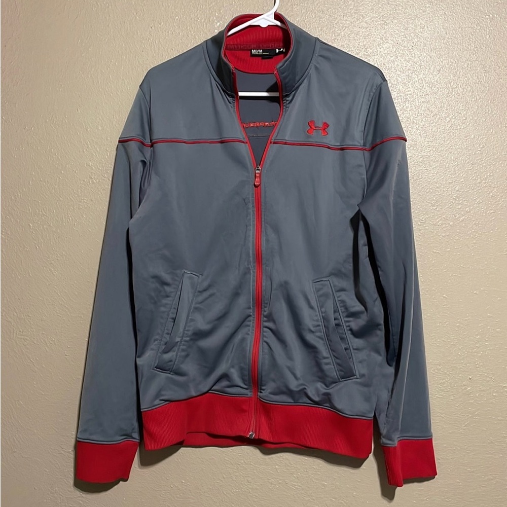 Under Armour Gray Red Full Zip Athletic Track Jacket Men’s M Back Spellout